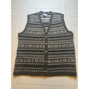 Vintage Blair Women's Brown & Cream‎ Print Button Front Sweater Vest. Sz M